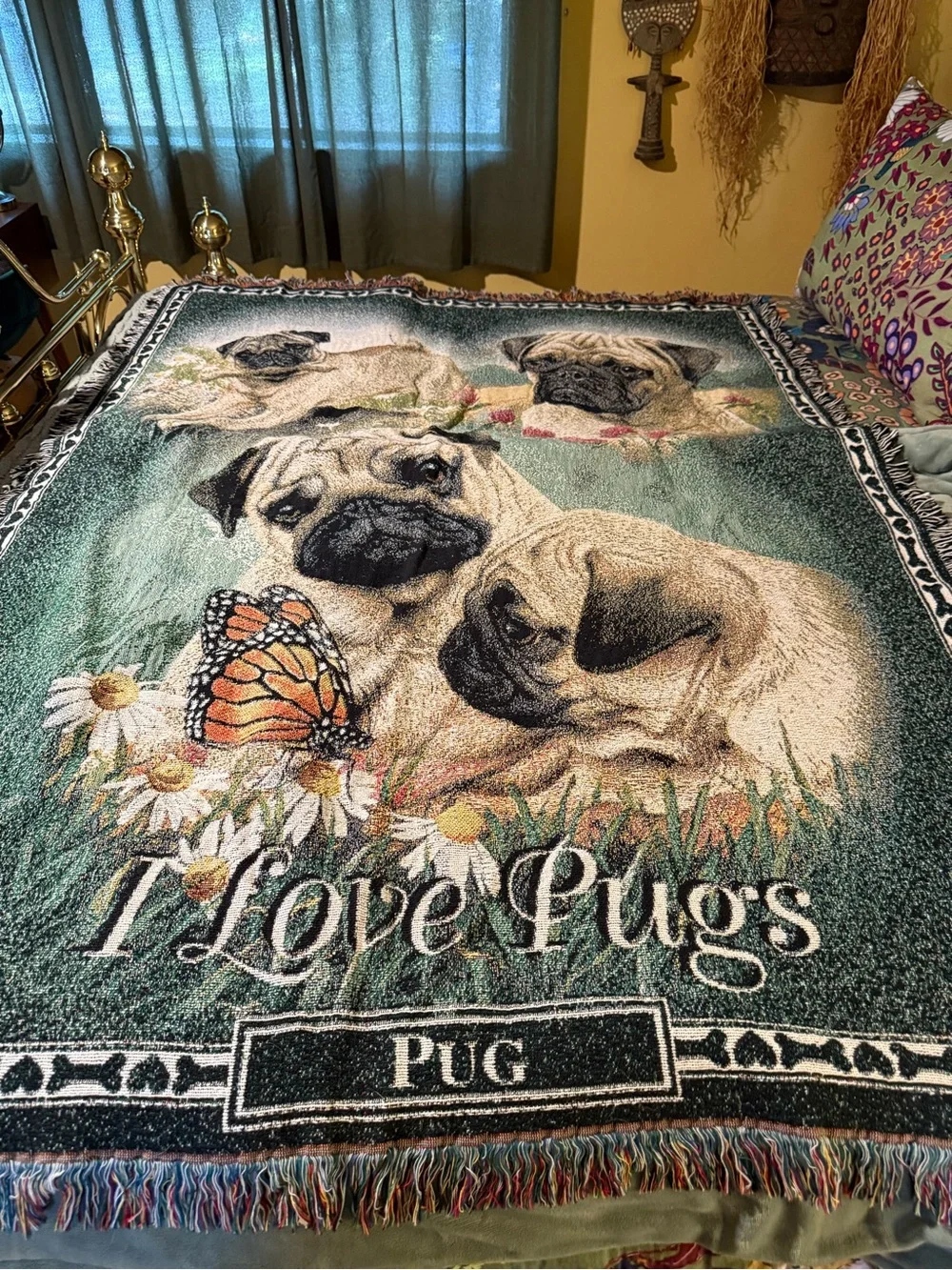 I Love Pugs Green Decorative Dog Blanket by